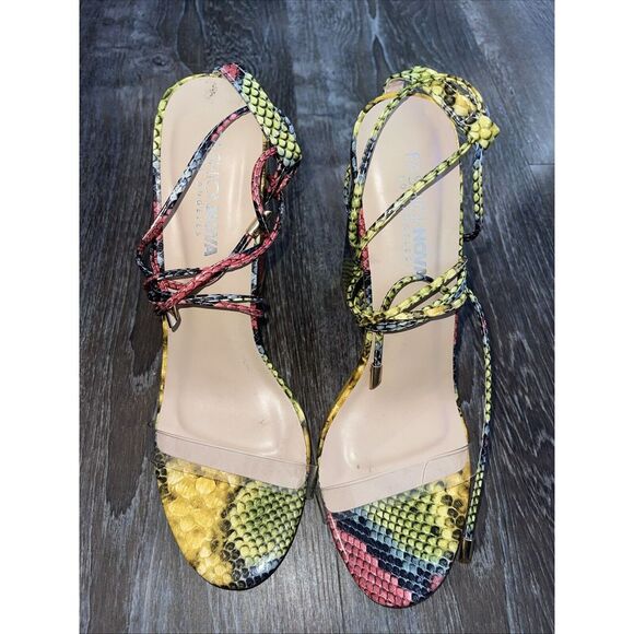 Fashion Nova Women\'s Size 8M Green Pink Snakeprint Strappy Gladiator Heels S-102